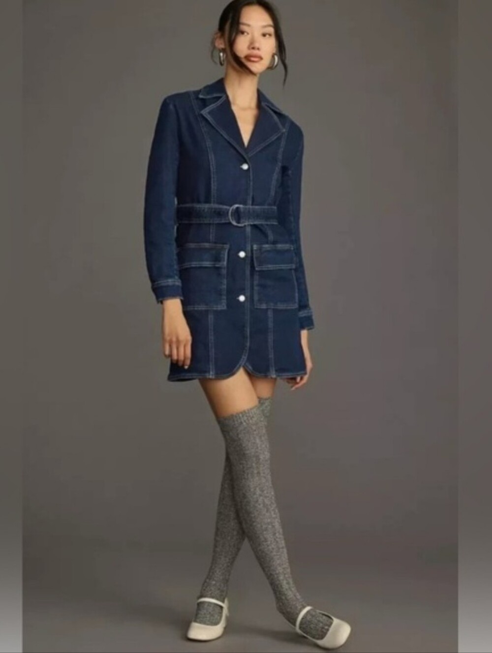 Pilcro Belted Denim Blazer Dress Anthropologie Anthro Blue Jean Womens Size L